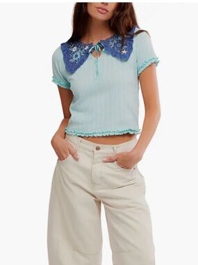 Free People Sol Collared Pointelle T-Shirt, nwt, sz S adorable!